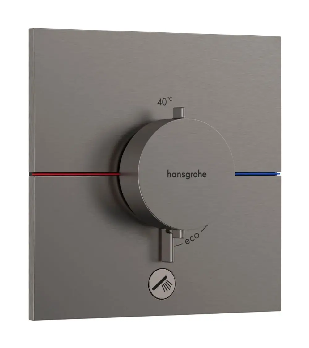 Thermostat-Einheit von Hansgrohe mit einem zentralen Drehregler. Rot- und blaufarbene Linien zeigen Temperaturbereiche, zusätzlich gibt es eine Eco-Einstellung und einen Duschsymbol.